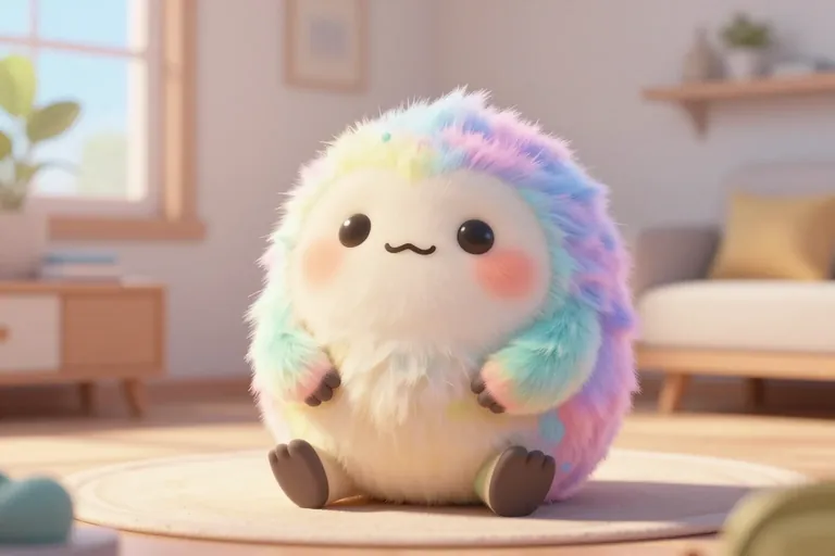 a friendly round creature covered in pastel fur sitting in a sunlit modernist room, pixar-like, soft rim light, 3D rende