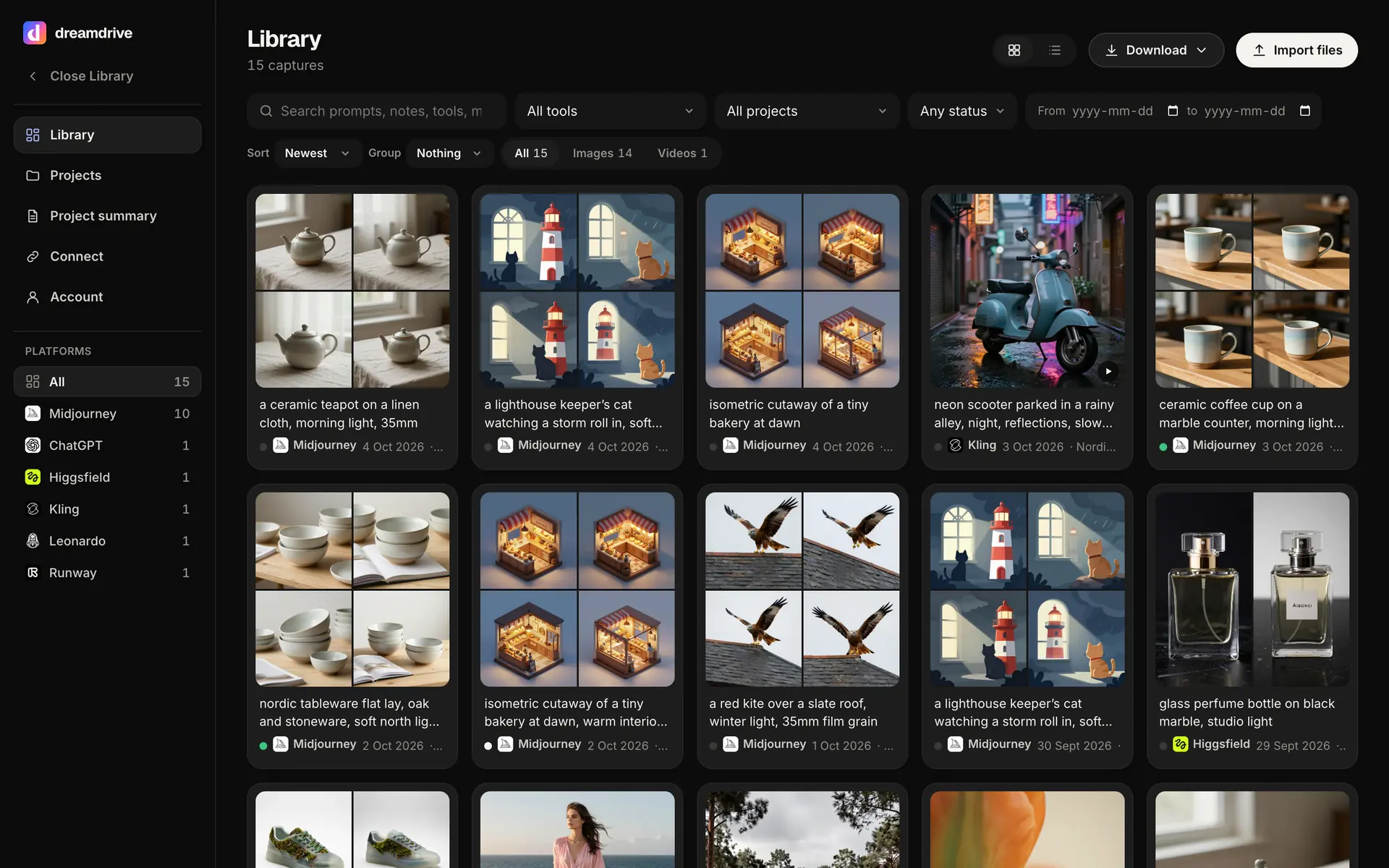 One Library for every platform you connect: the rail on the left counts the captures from each.