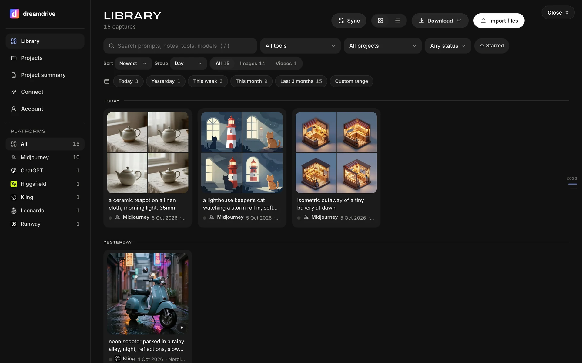 One Library for every platform you connect: the rail on the left counts the captures from each.