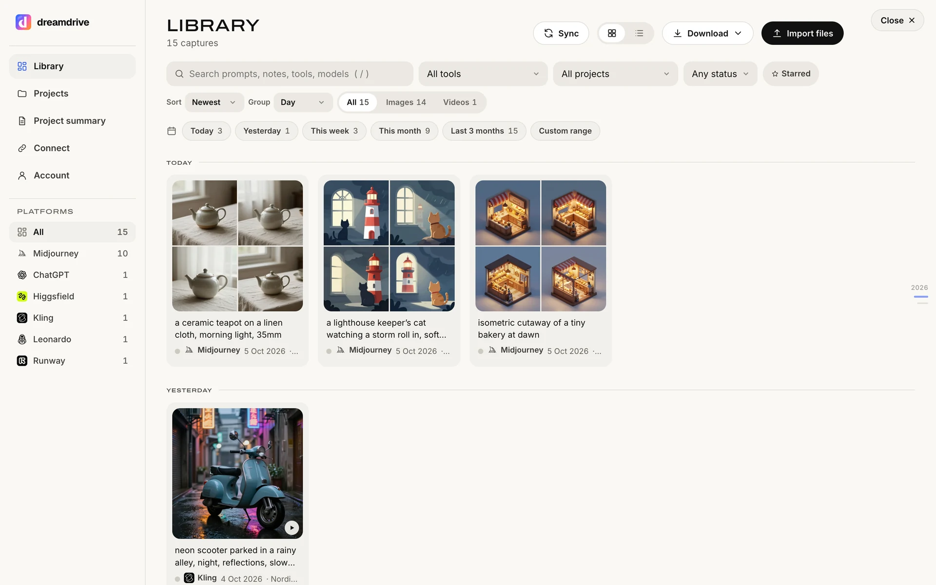 One Library for every platform you connect: the rail on the left counts the captures from each.