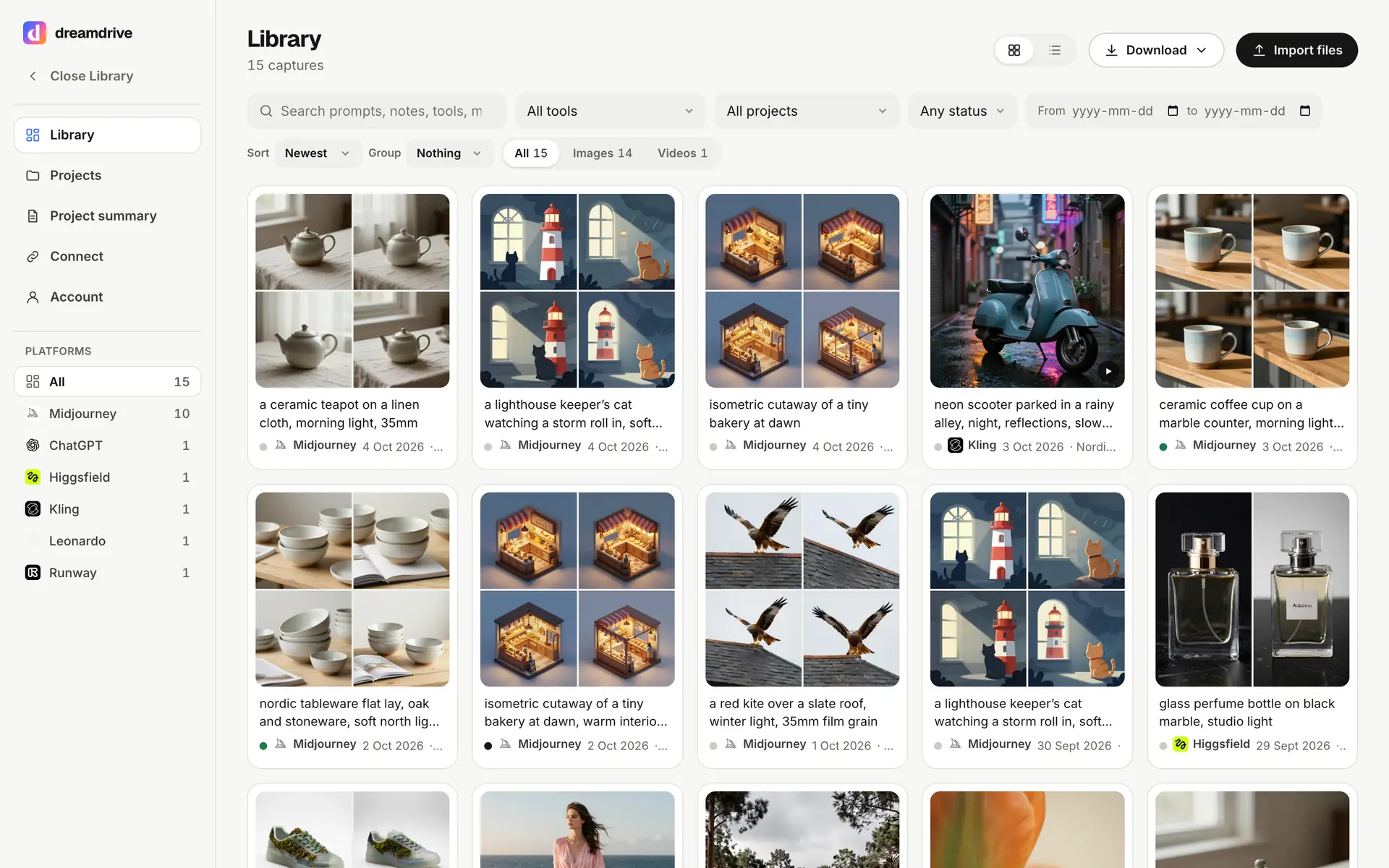 One Library for every platform you connect: the rail on the left counts the captures from each.