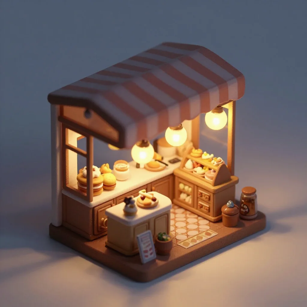 An isometric illustration of a small bakery storefront
