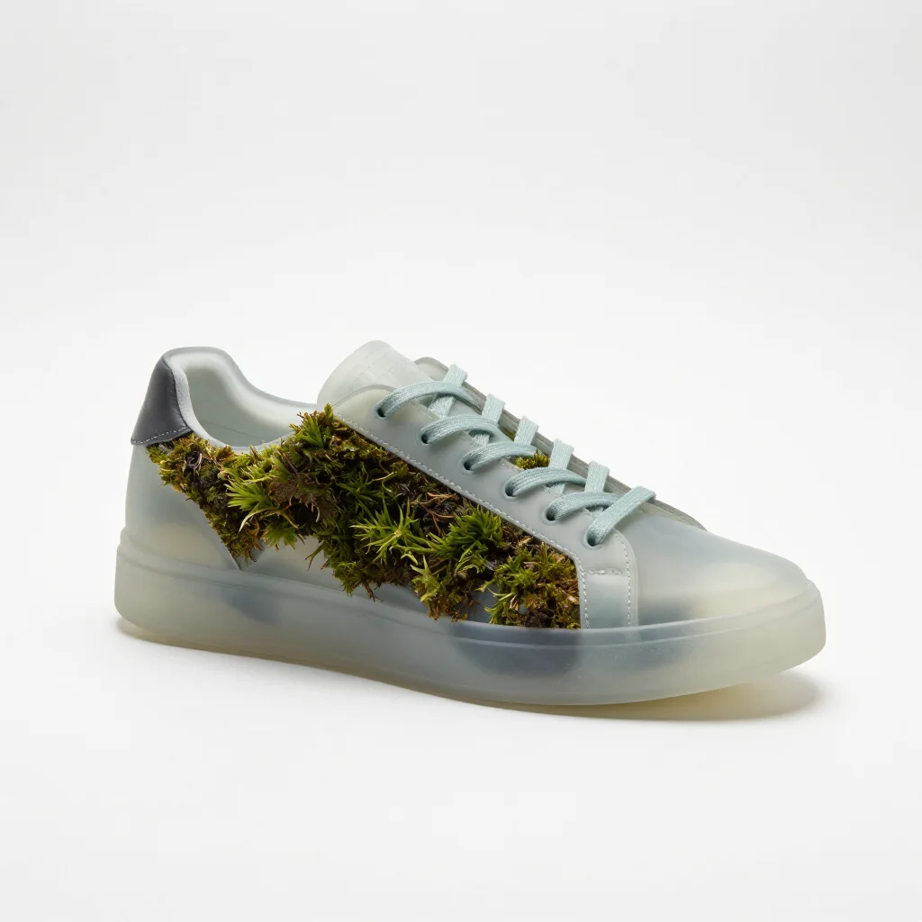 A sneaker made of frosted glass and moss on a white sweep