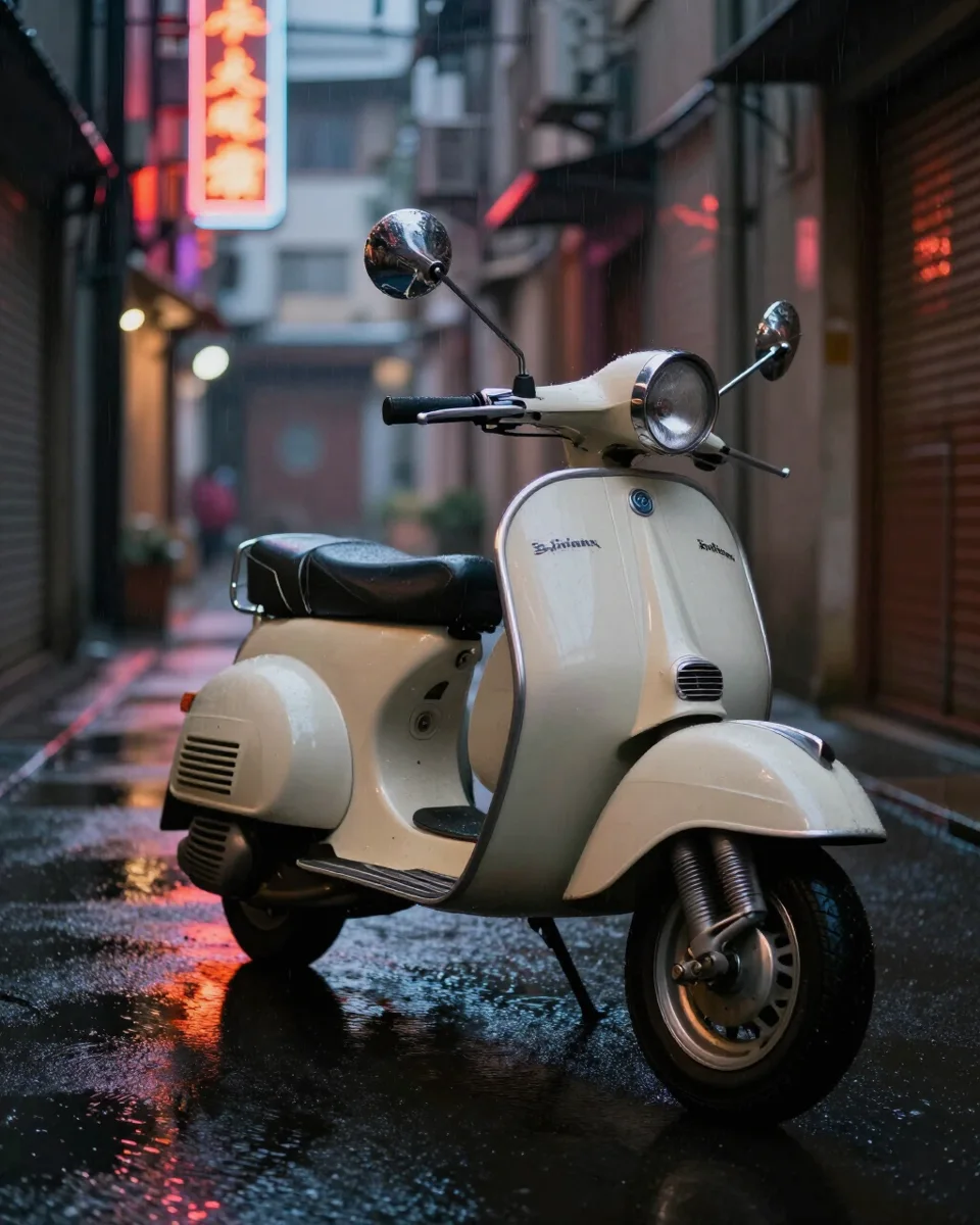 A neon scooter parked in a rainy alley at night