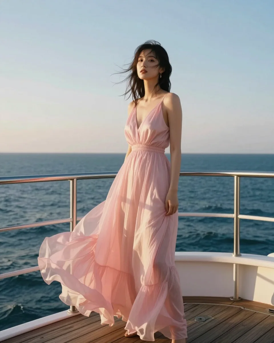 A woman in a pink chiffon dress on a boat deck at sea